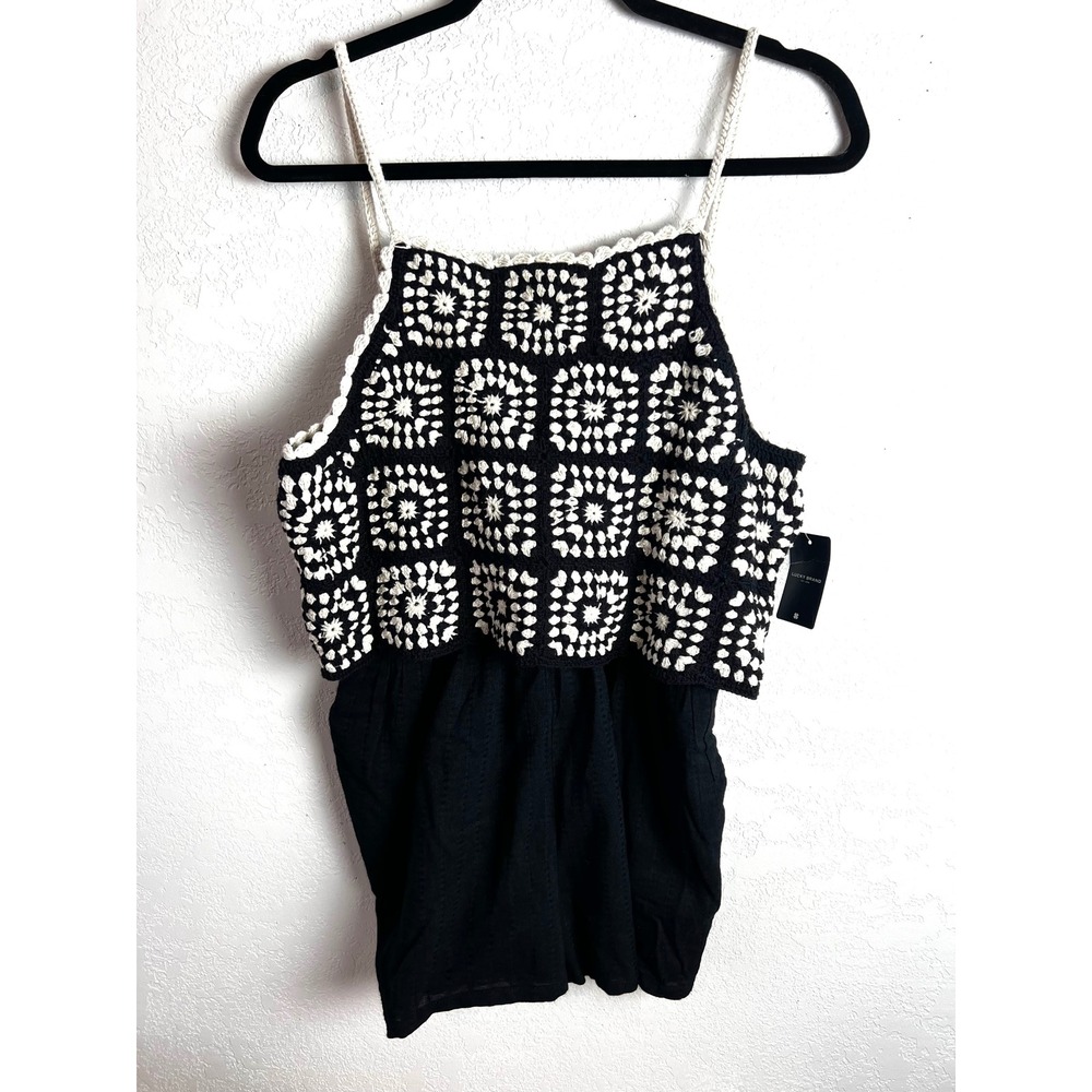 Lucky Brand Navy White Crocheted Romper Size Small Granny Squares One Piece NEW - Picture 4 of 13